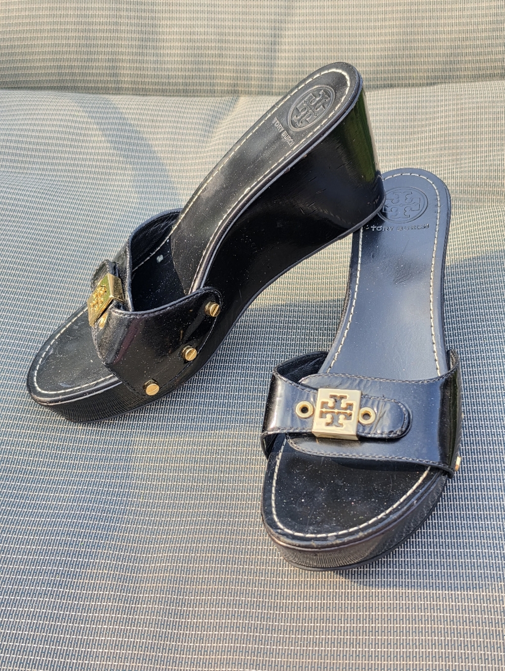 Tory Burch Black ROSIE Patent Wedge Slide Sandals 8.5